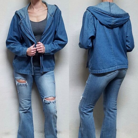 VINTAGE 1990s Sag Harbor Stone Wash Full-zip Hooded Denim Shacket Jacket Medium - Picture 1 of 16